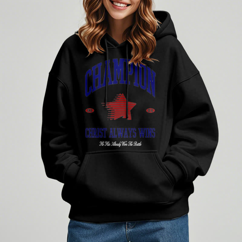 christiandiscipleshop Modern Style Champion Christ Always Wins Fleece Lined Polyester Hoodie