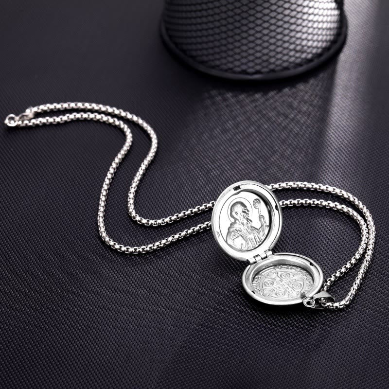 Christiandiscipleshop Classic Style St. Benedict Engraved Two Sided Locket Pendant Necklace