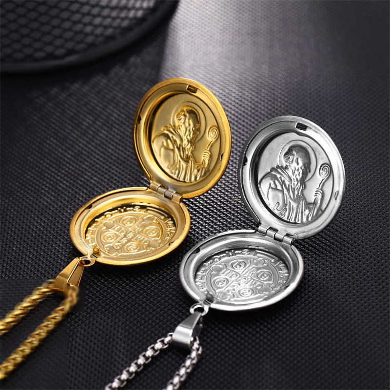 Christiandiscipleshop Classic Style St. Benedict Engraved Two Sided Locket Pendant Necklace