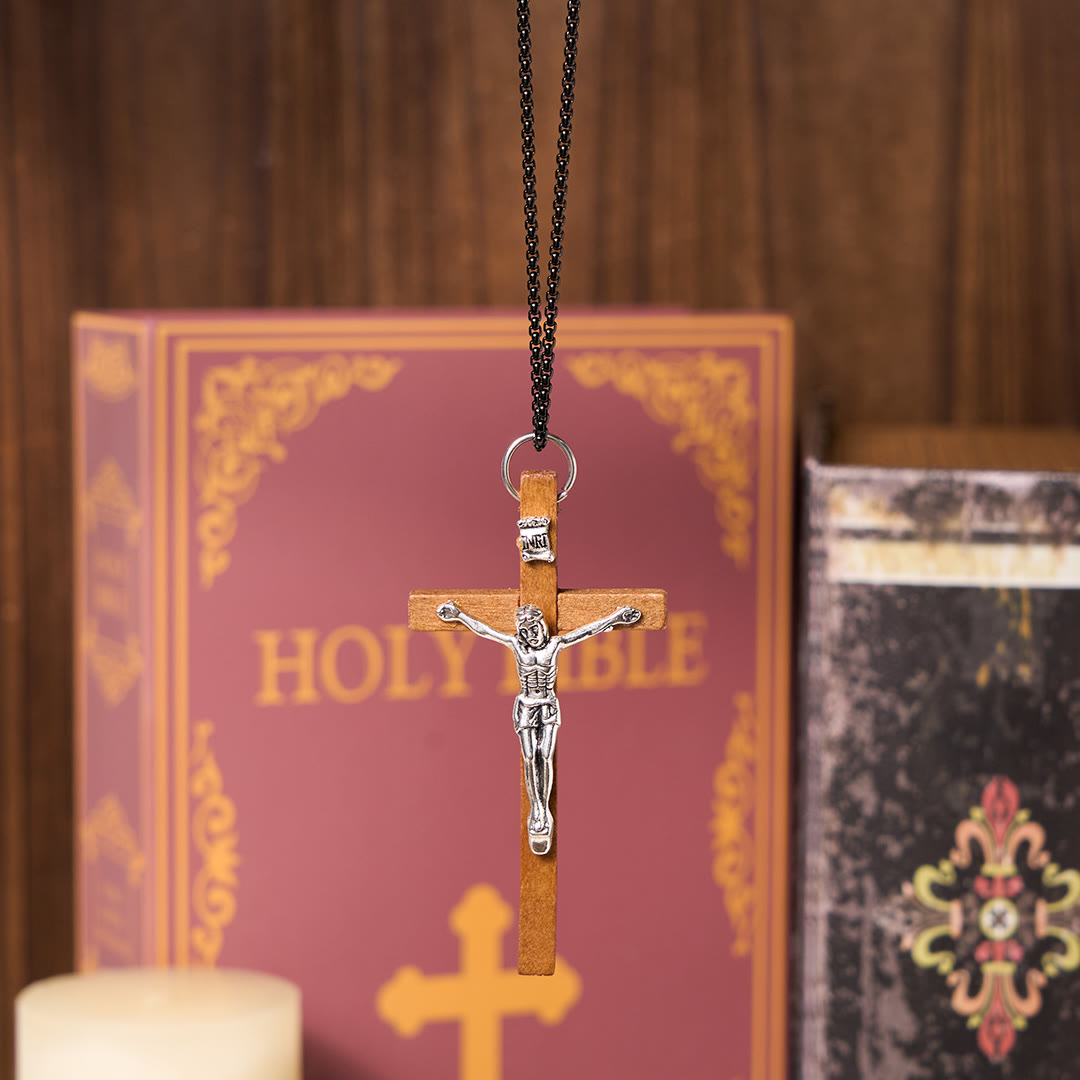 Christiandiscipleshop Classic Style Wooden Craft Alloy Crucifix Faith Pendant Necklace