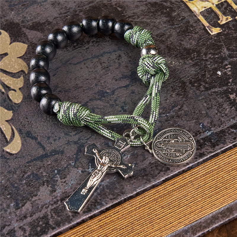 FREE Today: St. Benedict Medal & Crucifix of 10 mm Round Black Wood Green Paracord Pocket Rosary