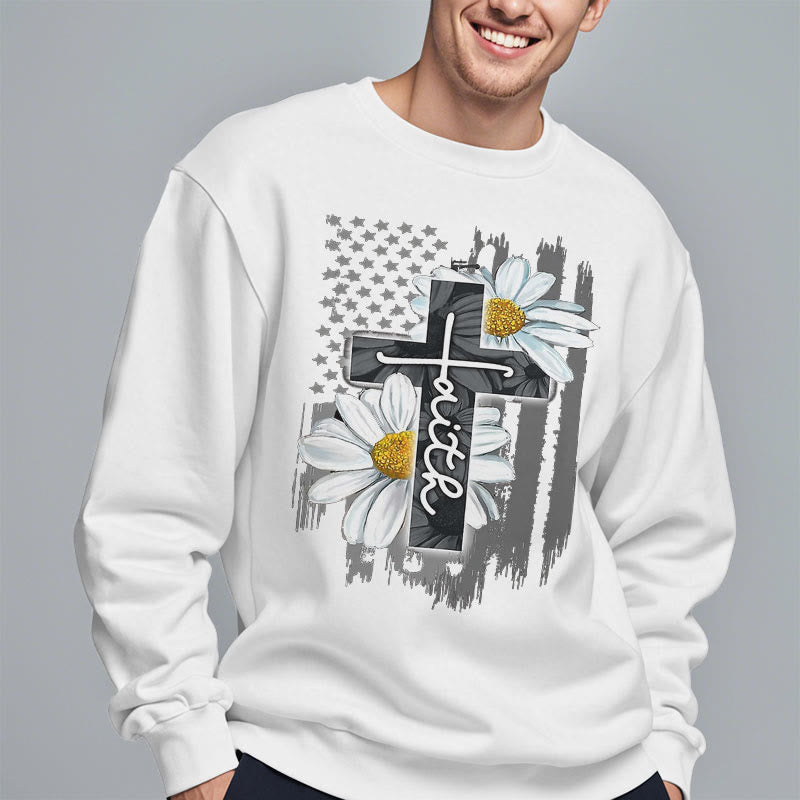 christiandiscipleshop Modern Style Faith Cross and Daisies Fleece Lined Polyester Sweatshirt