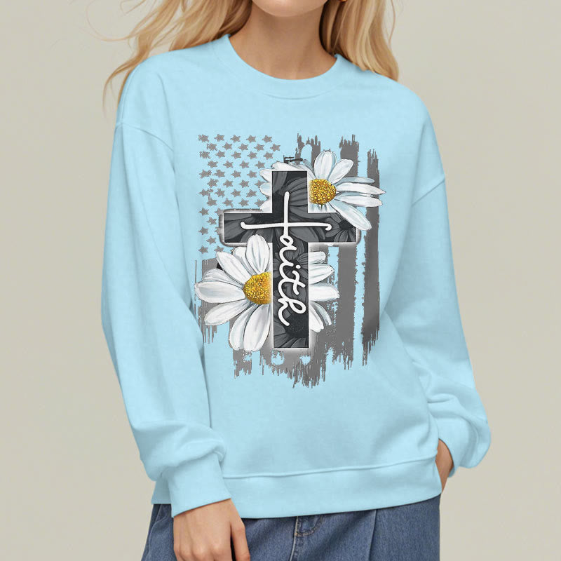 christiandiscipleshop Modern Style Faith Cross and Daisies Fleece Lined Polyester Sweatshirt