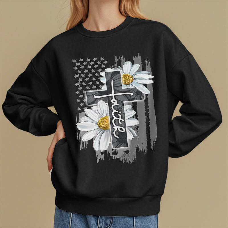 christiandiscipleshop Modern Style Faith Cross and Daisies Fleece Lined Polyester Sweatshirt