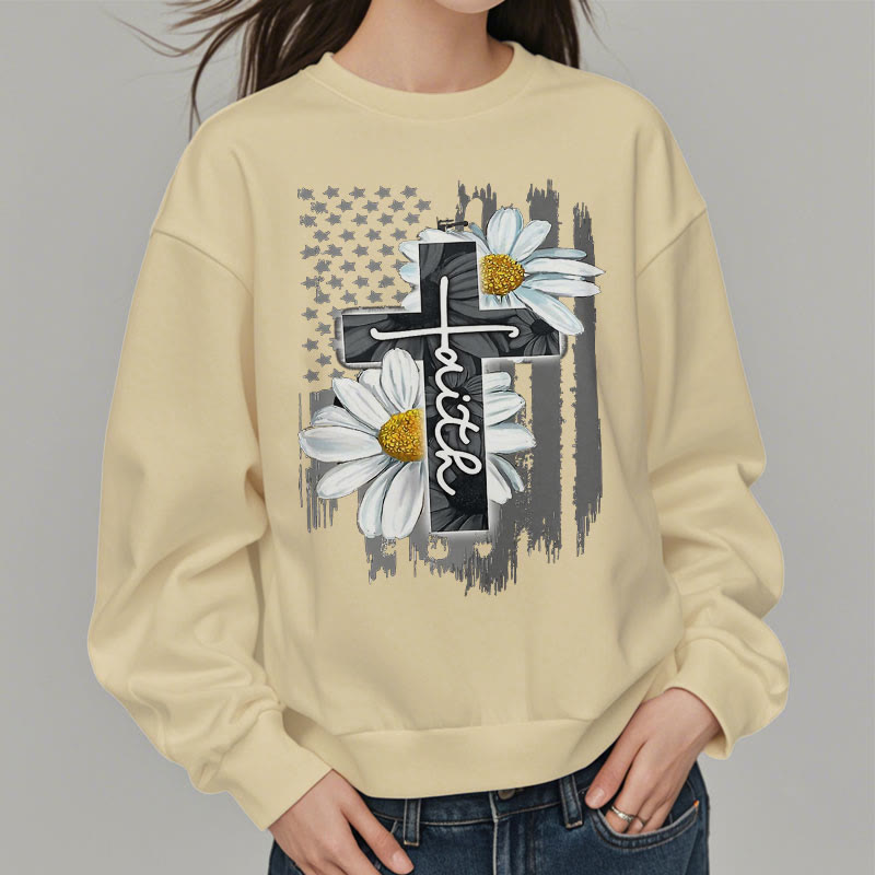 christiandiscipleshop Modern Style Faith Cross and Daisies Fleece Lined Polyester Sweatshirt