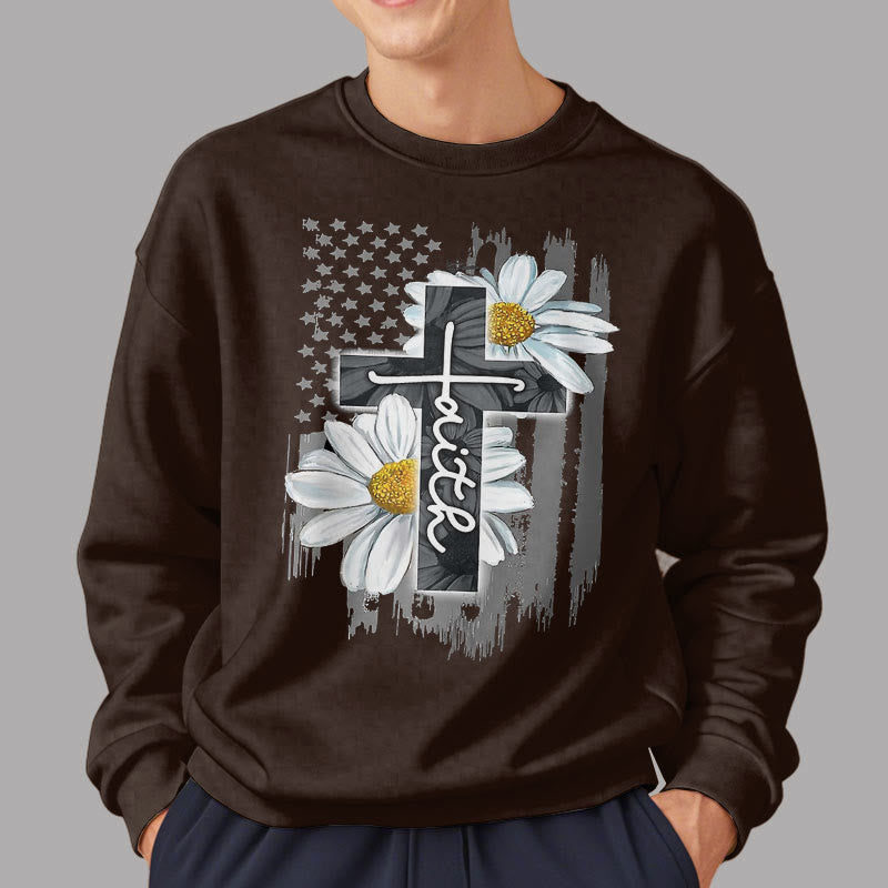 christiandiscipleshop Modern Style Faith Cross and Daisies Fleece Lined Polyester Sweatshirt