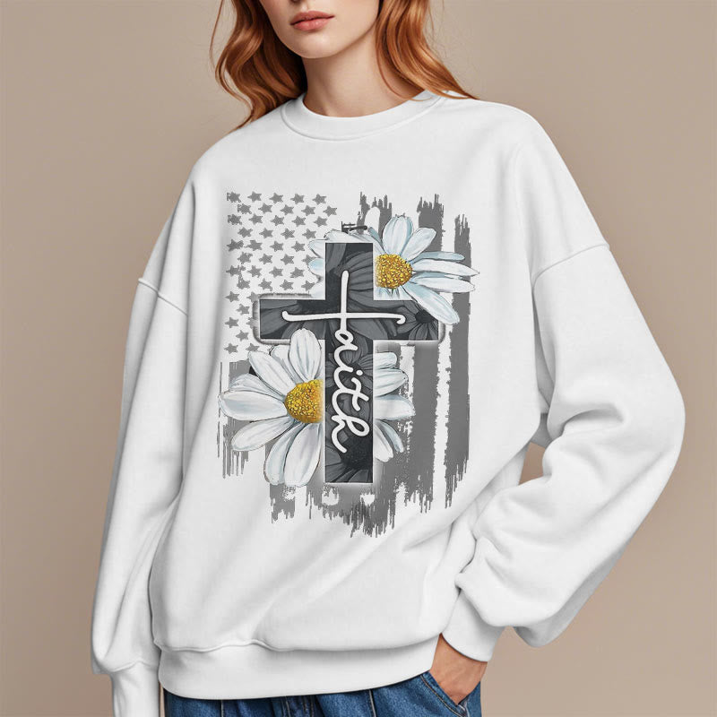 christiandiscipleshop Modern Style Faith Cross and Daisies Fleece Lined Polyester Sweatshirt
