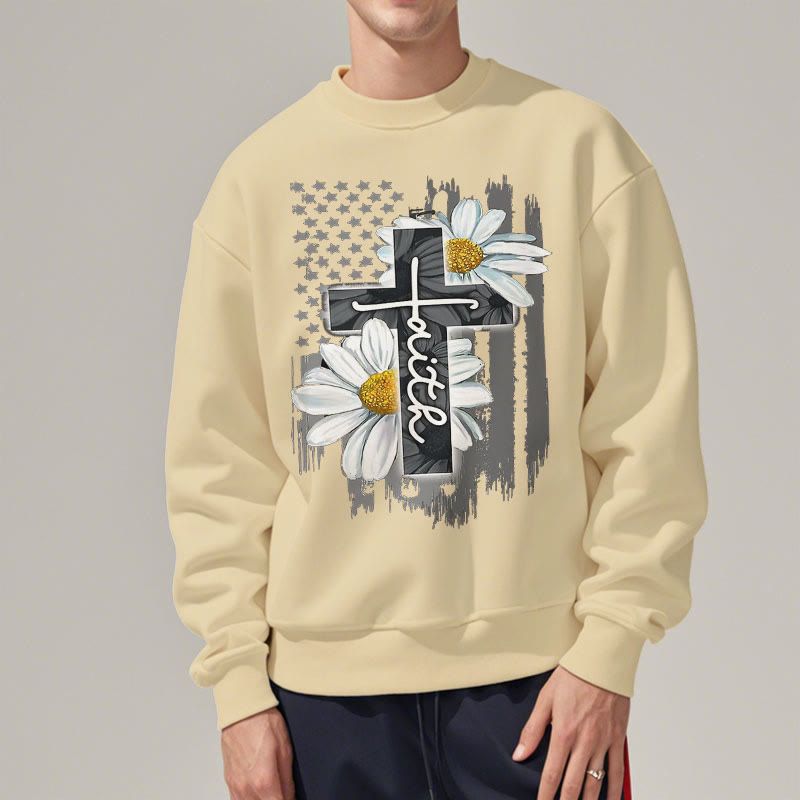christiandiscipleshop Modern Style Faith Cross and Daisies Fleece Lined Polyester Sweatshirt