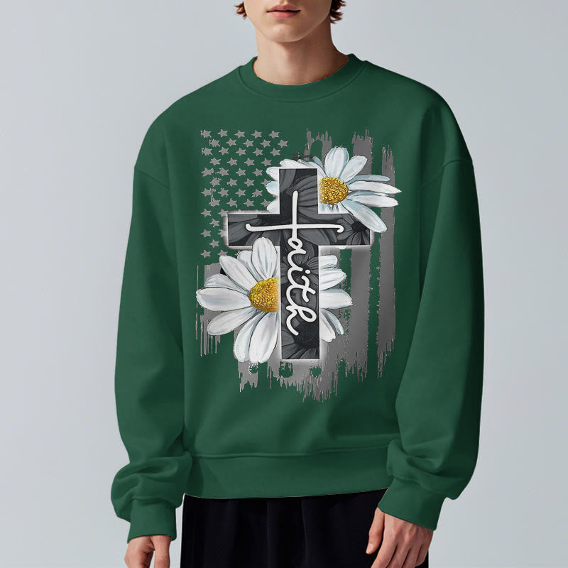 christiandiscipleshop Modern Style Faith Cross and Daisies Fleece Lined Polyester Sweatshirt