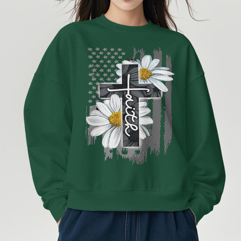 christiandiscipleshop Modern Style Faith Cross and Daisies Fleece Lined Polyester Sweatshirt