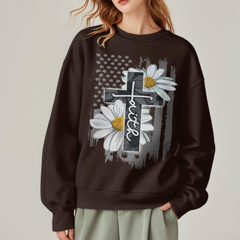 christiandiscipleshop Modern Style Faith Cross and Daisies Fleece Lined Polyester Sweatshirt