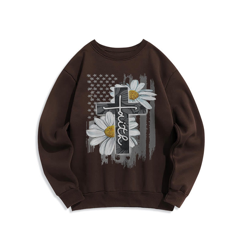 christiandiscipleshop Modern Style Faith Cross and Daisies Fleece Lined Polyester Sweatshirt