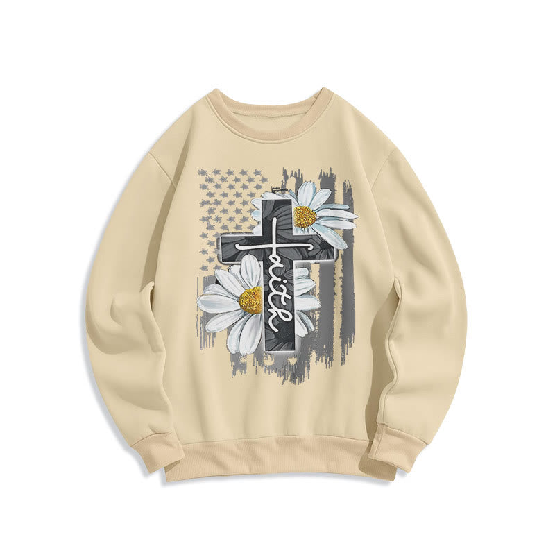 christiandiscipleshop Modern Style Faith Cross and Daisies Fleece Lined Polyester Sweatshirt