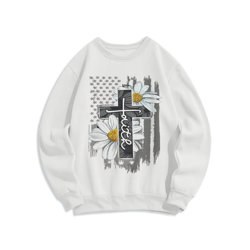 christiandiscipleshop Modern Style Faith Cross and Daisies Fleece Lined Polyester Sweatshirt