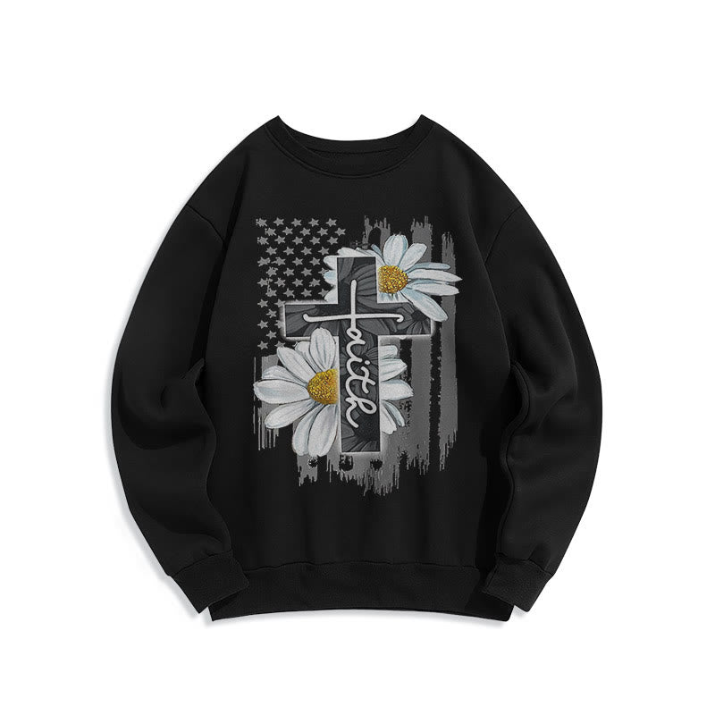 christiandiscipleshop Modern Style Faith Cross and Daisies Fleece Lined Polyester Sweatshirt