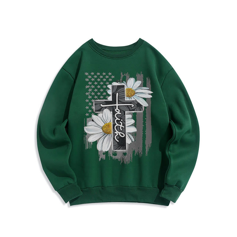 christiandiscipleshop Modern Style Faith Cross and Daisies Fleece Lined Polyester Sweatshirt