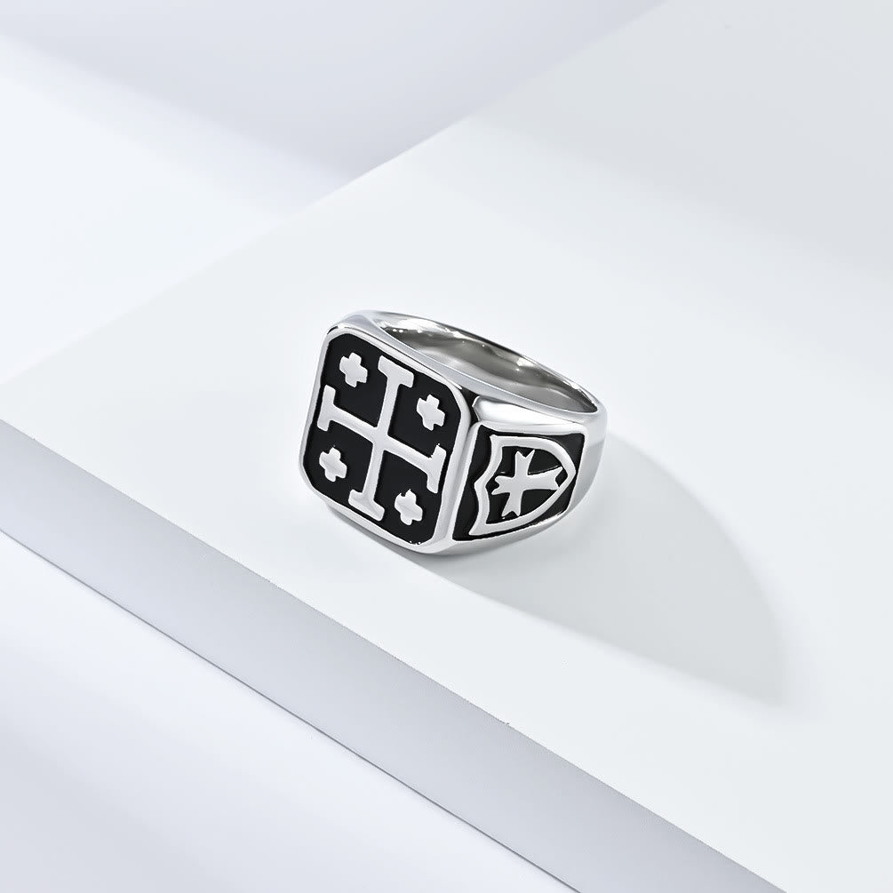 Christiandiscipleshop Classic Style Jerusalem Cross Shield Signet Devine Faith Ring