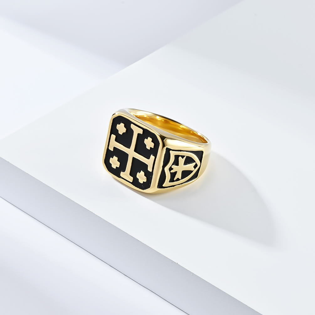 Christiandiscipleshop Classic Style Jerusalem Cross Shield Signet Devine Faith Ring