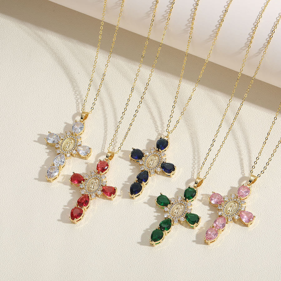 christiandiscipleshop Modern Style Our Lady of Guadalupe Cross Zircon Pendants Necklace