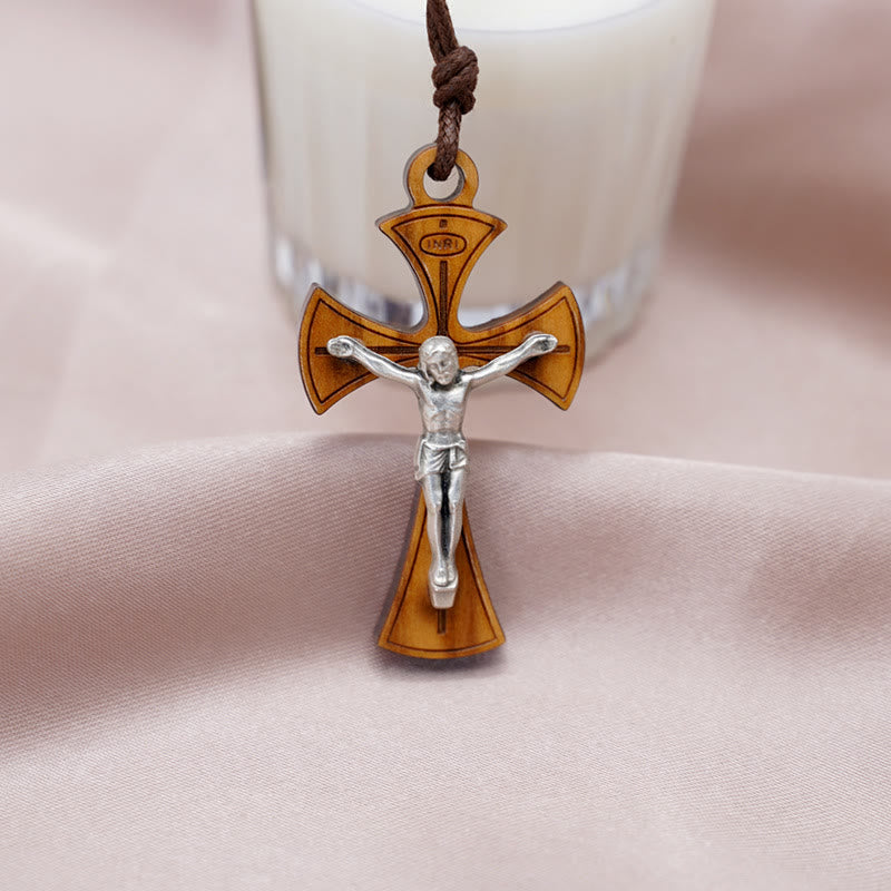 Christiandiscipleshop Classic Style Curved Olive Wood Crucifix Cross Pendant Necklace