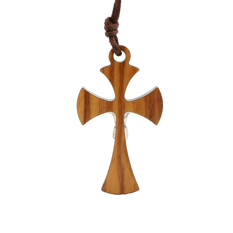 Christiandiscipleshop Classic Style Curved Olive Wood Crucifix Cross Pendant Necklace
