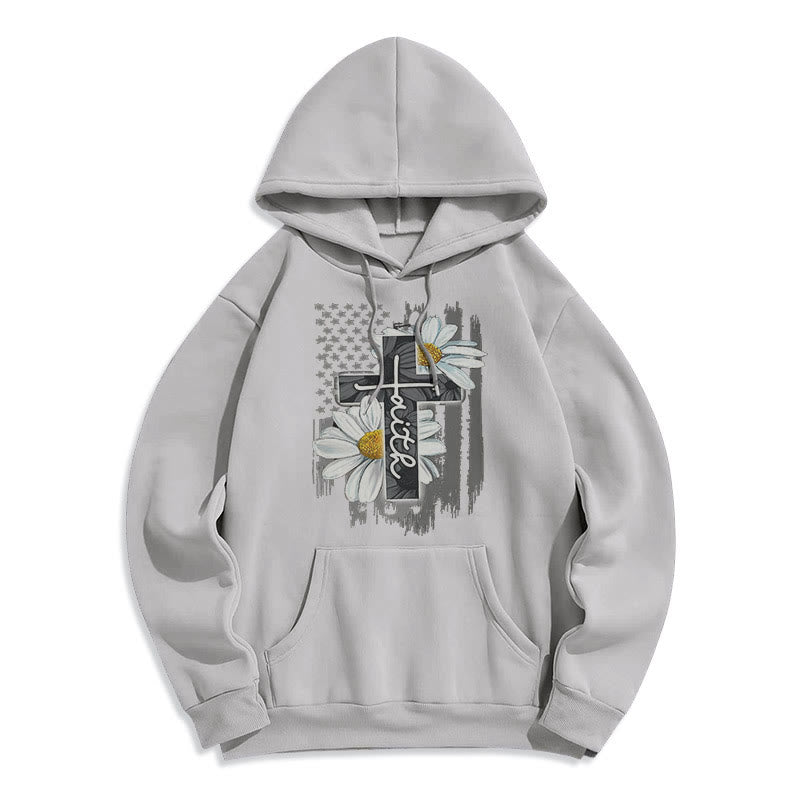 christiandiscipleshop Modern Style Faith Cross and Daisies Fleece Lined Polyester Hoodie
