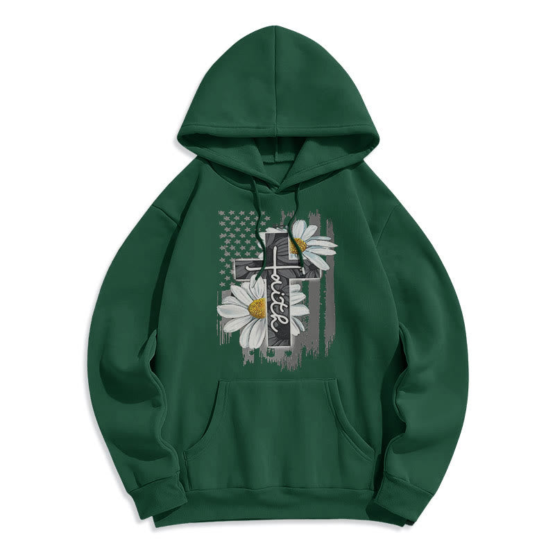christiandiscipleshop Modern Style Faith Cross and Daisies Fleece Lined Polyester Hoodie