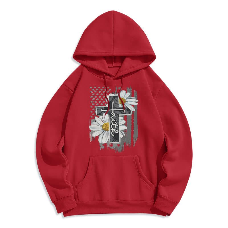 christiandiscipleshop Modern Style Faith Cross and Daisies Fleece Lined Polyester Hoodie