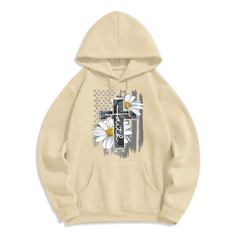 christiandiscipleshop Modern Style Faith Cross and Daisies Fleece Lined Polyester Hoodie