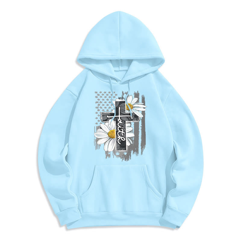 christiandiscipleshop Modern Style Faith Cross and Daisies Fleece Lined Polyester Hoodie