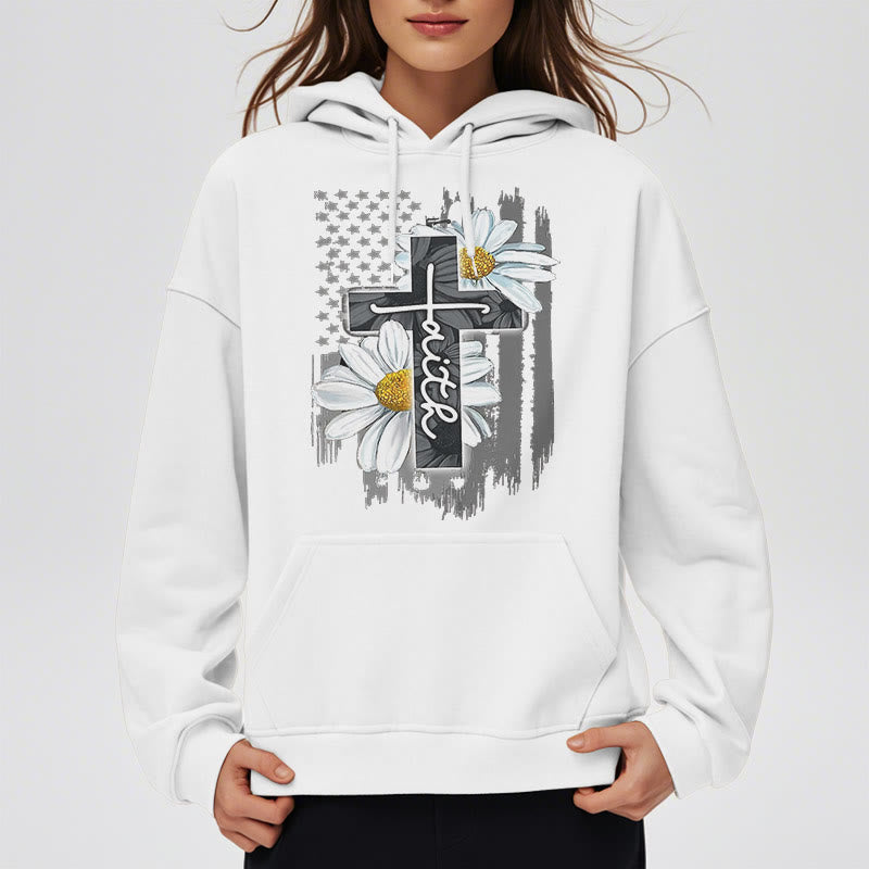 christiandiscipleshop Modern Style Faith Cross and Daisies Fleece Lined Polyester Hoodie