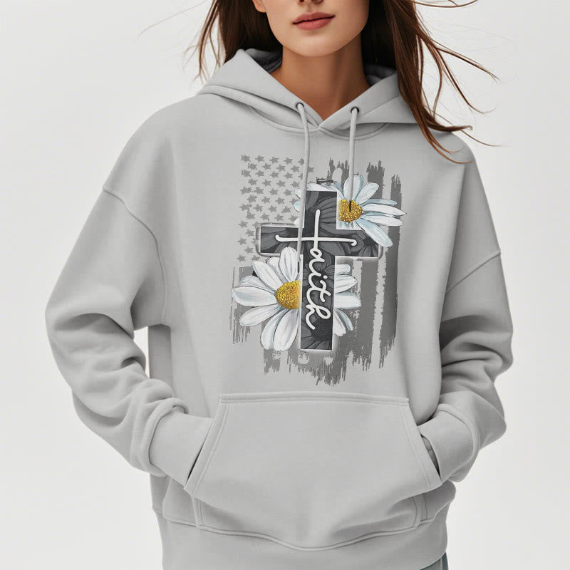 christiandiscipleshop Modern Style Faith Cross and Daisies Fleece Lined Polyester Hoodie