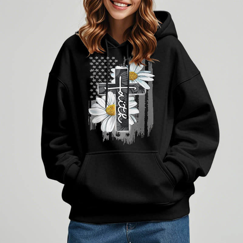 christiandiscipleshop Modern Style Faith Cross and Daisies Fleece Lined Polyester Hoodie