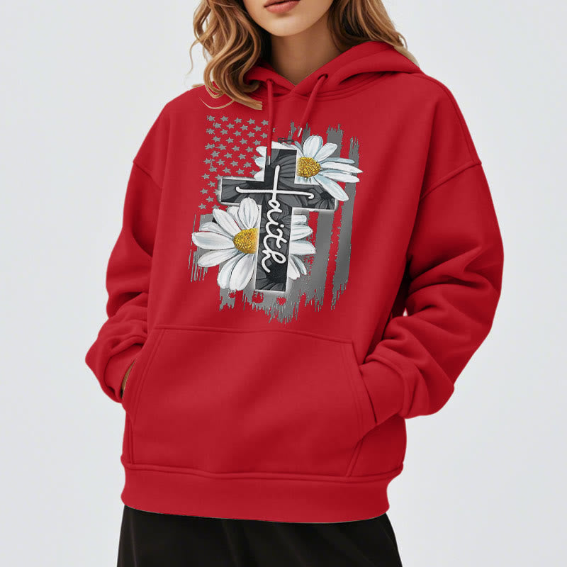 christiandiscipleshop Modern Style Faith Cross and Daisies Fleece Lined Polyester Hoodie
