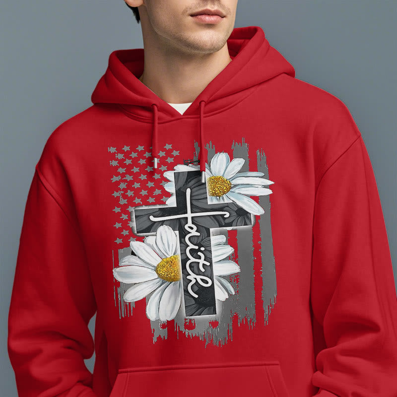 christiandiscipleshop Modern Style Faith Cross and Daisies Fleece Lined Polyester Hoodie