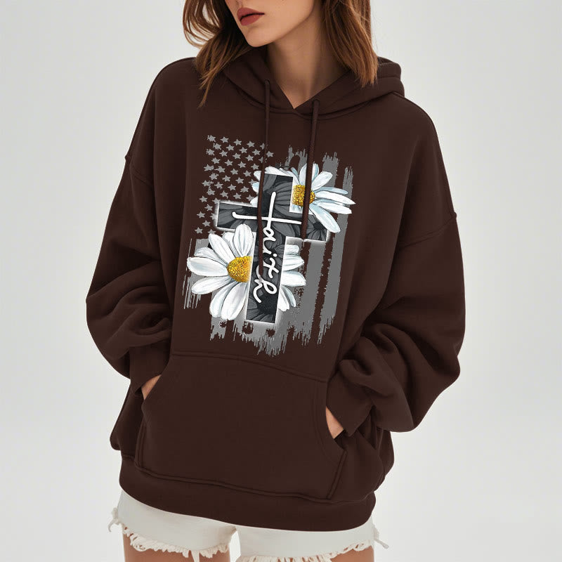 christiandiscipleshop Modern Style Faith Cross and Daisies Fleece Lined Polyester Hoodie