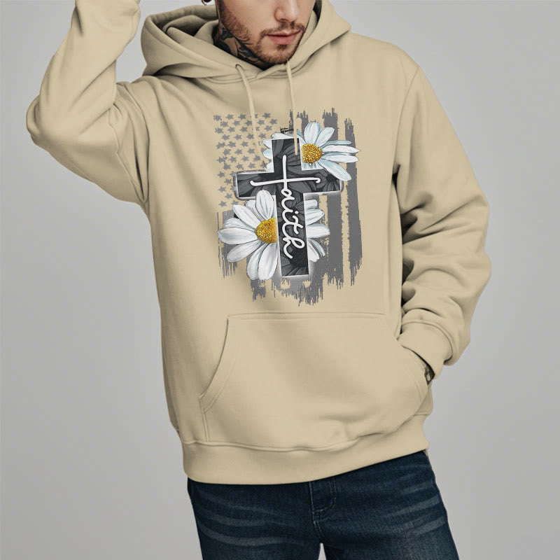 christiandiscipleshop Modern Style Faith Cross and Daisies Fleece Lined Polyester Hoodie