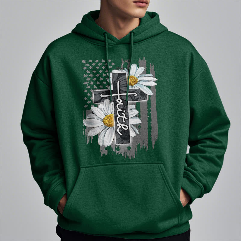 christiandiscipleshop Modern Style Faith Cross and Daisies Fleece Lined Polyester Hoodie