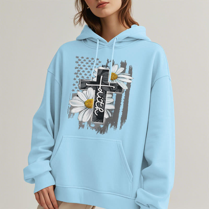 christiandiscipleshop Modern Style Faith Cross and Daisies Fleece Lined Polyester Hoodie