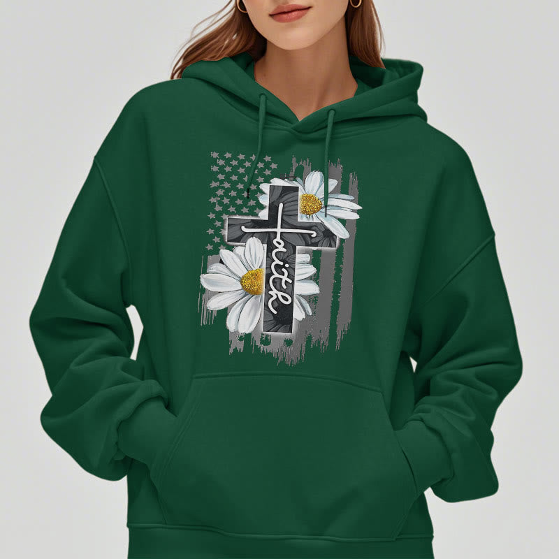 christiandiscipleshop Modern Style Faith Cross and Daisies Fleece Lined Polyester Hoodie