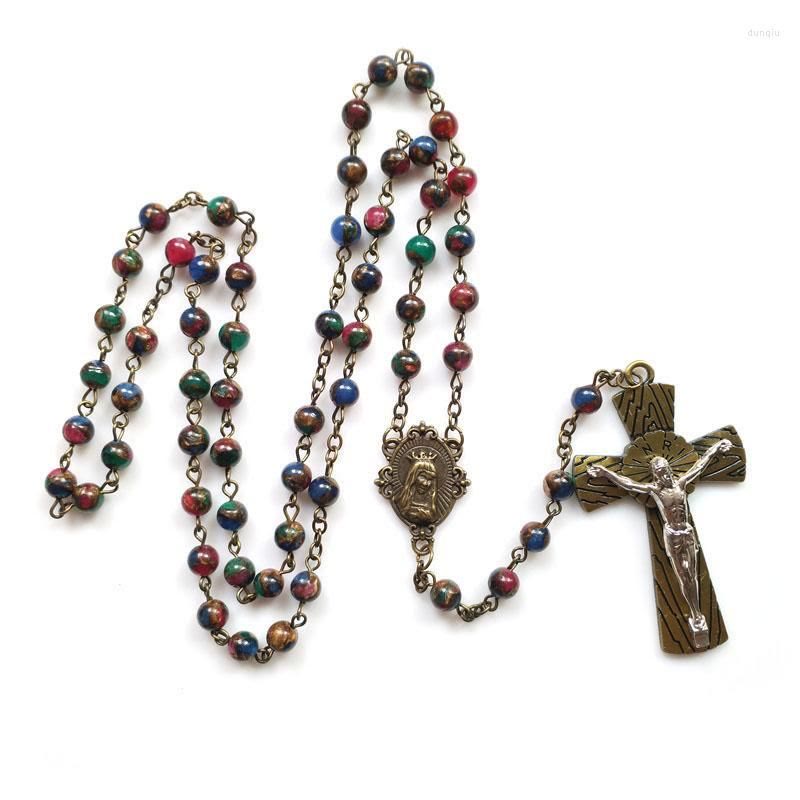 christiandiscipleshop Virgin Mary & Crucifix of 6 mm Round Multicolor Stone Alloy Chain Rosary