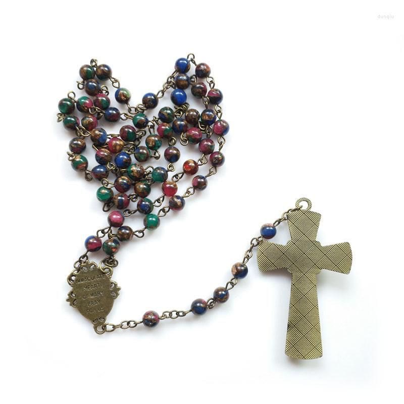 christiandiscipleshop Virgin Mary & Crucifix of 6 mm Round Multicolor Stone Alloy Chain Rosary