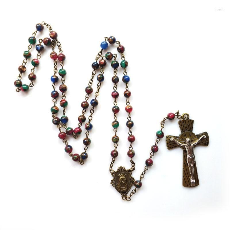 christiandiscipleshop Virgin Mary & Crucifix of 6 mm Round Multicolor Stone Alloy Chain Rosary