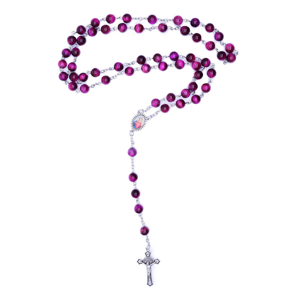 christiandiscipleshop Immaculate Heart of Mary & Crucifix of 8 mm Round Purple Stone Alloy Chain Rosary