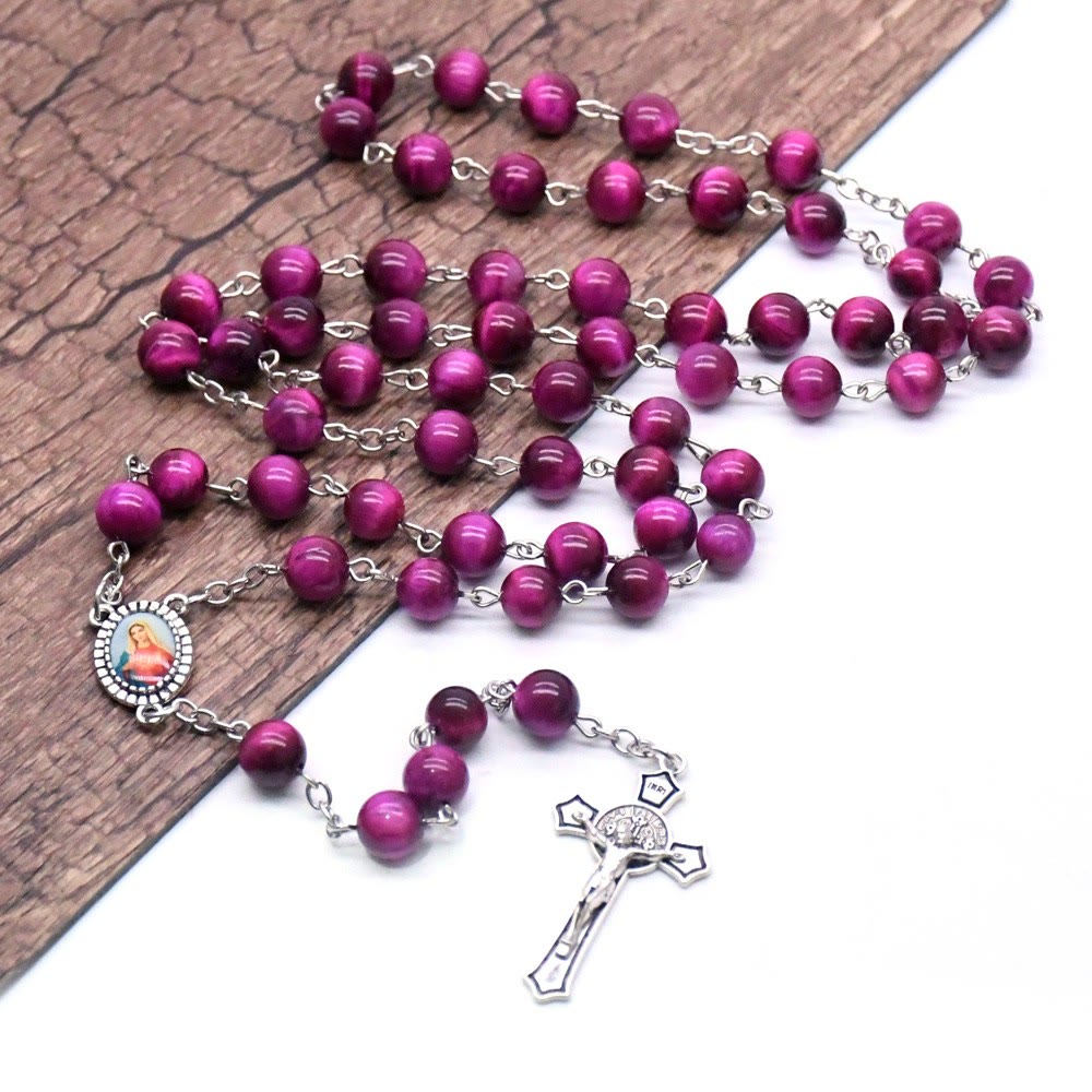 christiandiscipleshop Immaculate Heart of Mary & Crucifix of 8 mm Round Purple Stone Alloy Chain Rosary