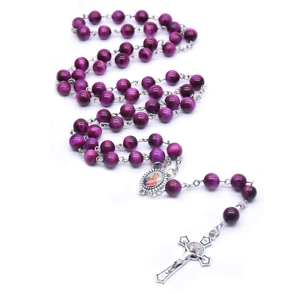 christiandiscipleshop Immaculate Heart of Mary & Crucifix of 8 mm Round Purple Stone Alloy Chain Rosary
