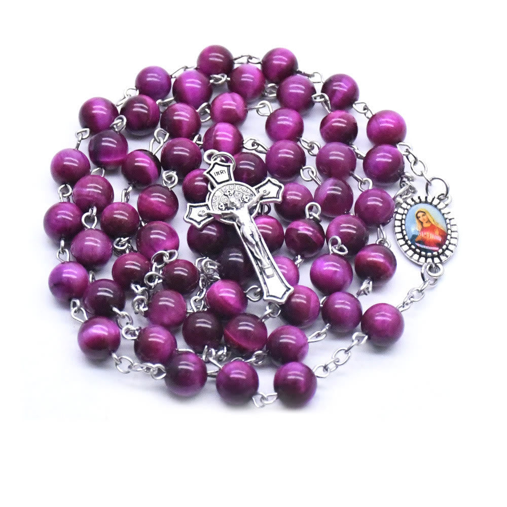 christiandiscipleshop Immaculate Heart of Mary & Crucifix of 8 mm Round Purple Stone Alloy Chain Rosary