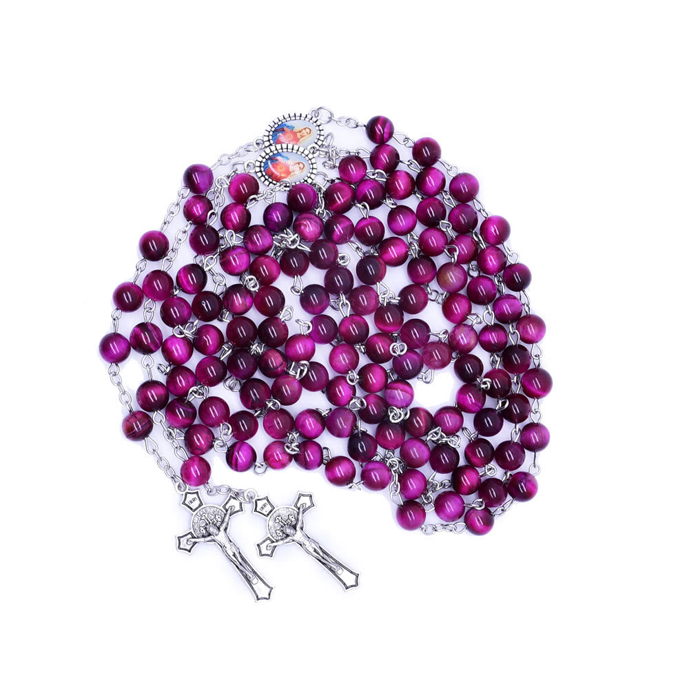 christiandiscipleshop Immaculate Heart of Mary & Crucifix of 8 mm Round Purple Stone Alloy Chain Rosary