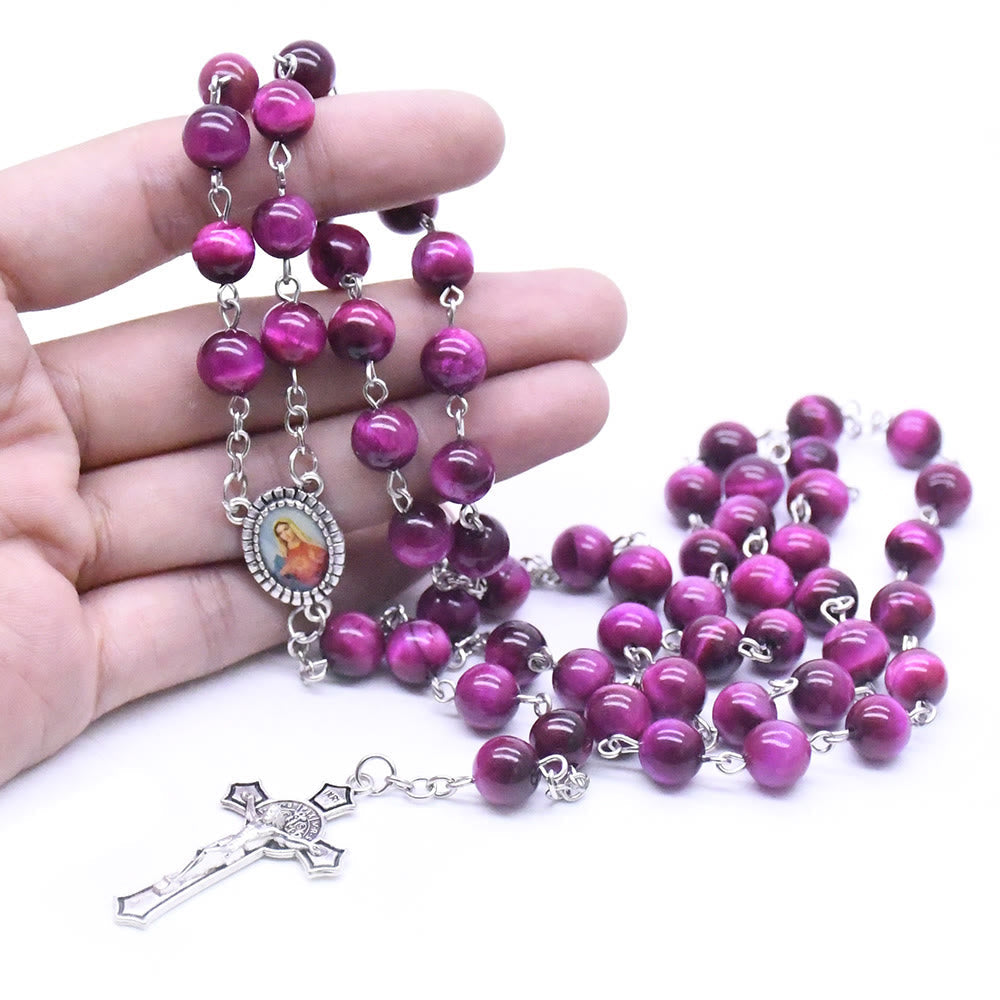 christiandiscipleshop Immaculate Heart of Mary & Crucifix of 8 mm Round Purple Stone Alloy Chain Rosary