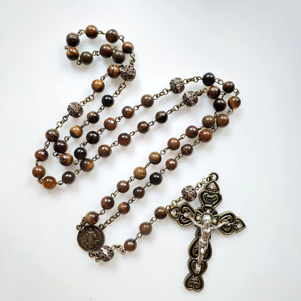 Christiandiscipleshop St. Benedict & Crucifix of 8 mm Round Brown Stone Alloy Chain Rosary